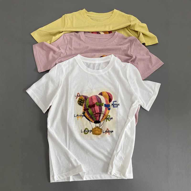 Hot Air Balloon Print Short-Sleeved Summer New Round Neck Casual Style Cotton T-Shirt Loose for Women