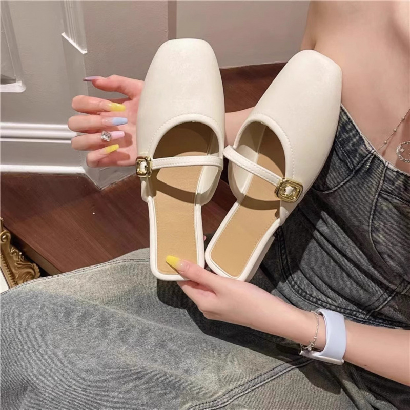 French Style Women Leather Mules Closed Toe Versatile Low Heels_voghion.com