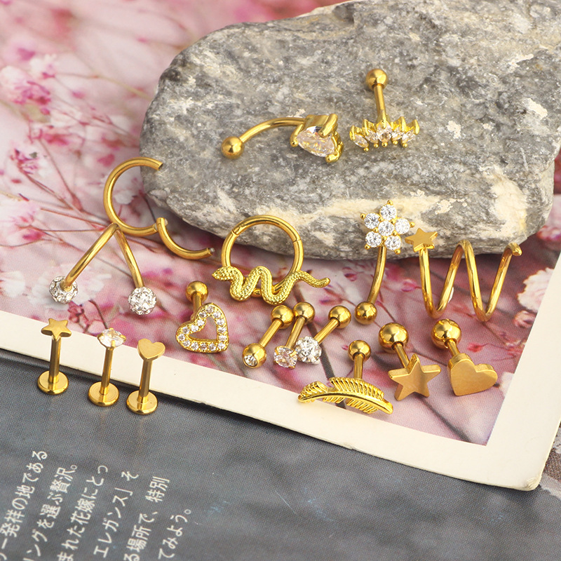 Zircon Star Cartilage Earrings Set - 17Pcs Rose Gold Stainless Steel Ear Piercing Jewelry detail image 9