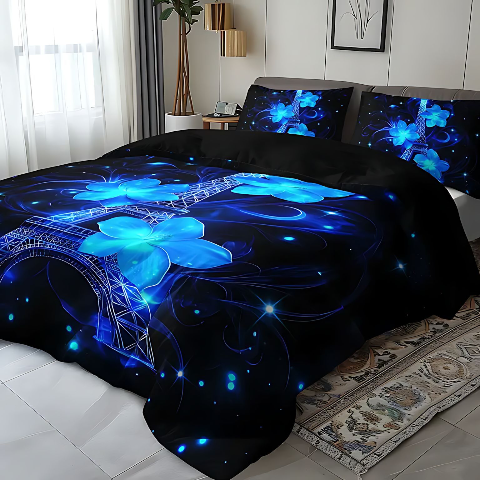 TEMU / JIT Transfronterizo Kit de edredón azul plateado flor torre Eiffel impresión digital HD ropa de cama