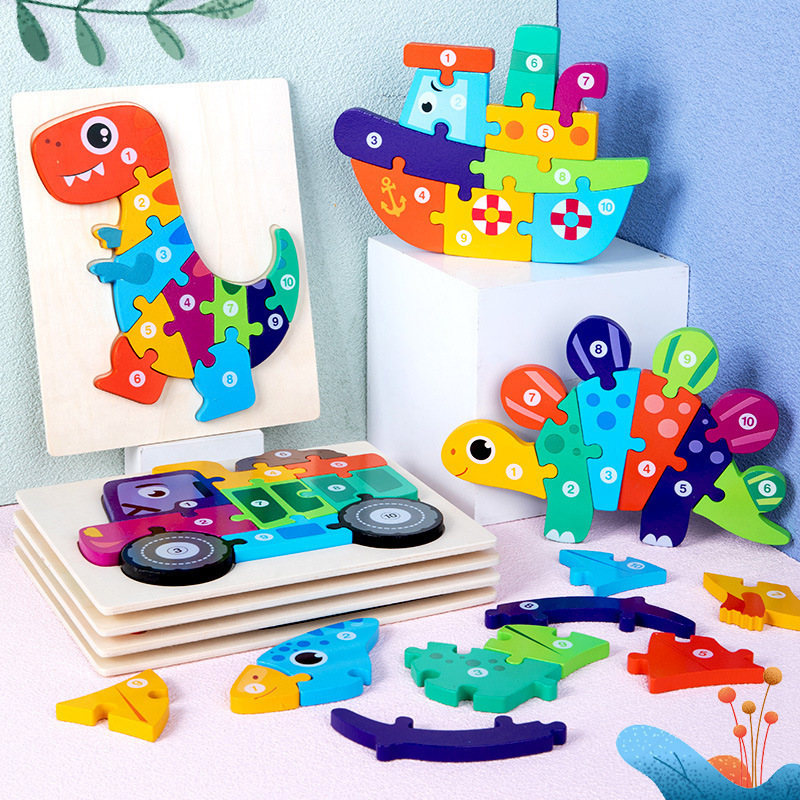 Wholesale wooden dinosaur 3d three-dimensional buckle puzzle 12 dinosaur puzzle early education puzzle baby shape puzzle