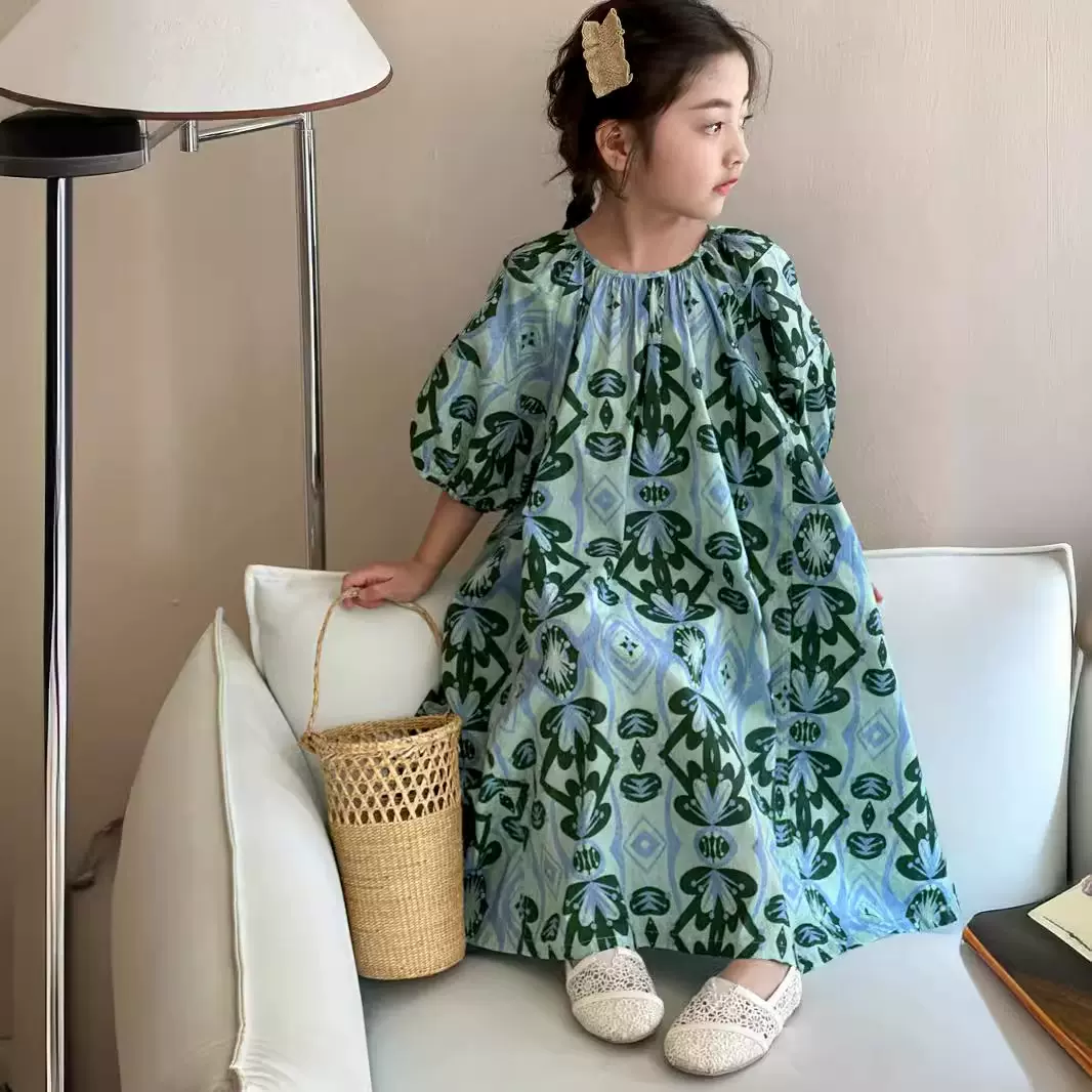 女童连衣裙2025新款洋气儿童裙子夏装女孩公主裙泡泡袖碎花长裙