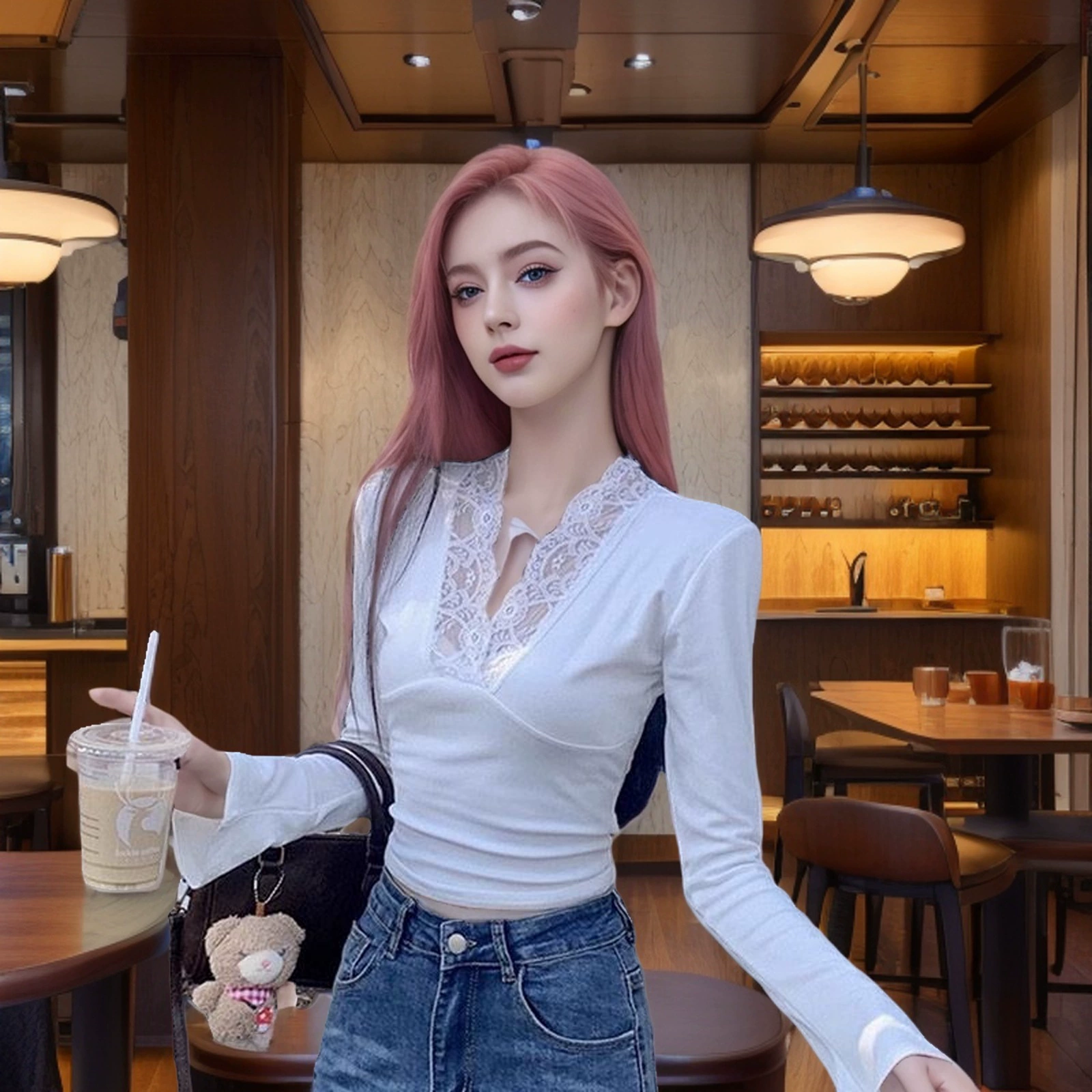 Трансграничный 2024 новый сладкий и пряный ветер с V-образным вырезом кружева с длинными рукавами футболка женская внутренняя рубашка топ для внешней торговли