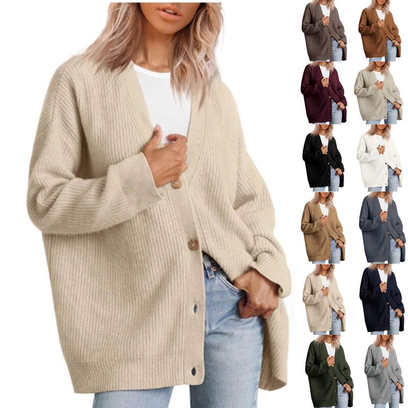 Online European and American Style Simple Joker Knitted 2023 Cross-border Women's Clothing Amazon Button V-Neck Solid Color Sweater for Women Online European and American Style Simple Joker Knitted 2023 Cross-border Women's Clothing Amazon Button V-Neck Solid Color Sweater for Women
