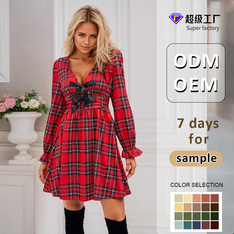European and American Christmas Holiday Custom-Made Deep V-Neck Lantern Sleeve Waist-Cinching Plaid Dress for the Amazon Us Site
