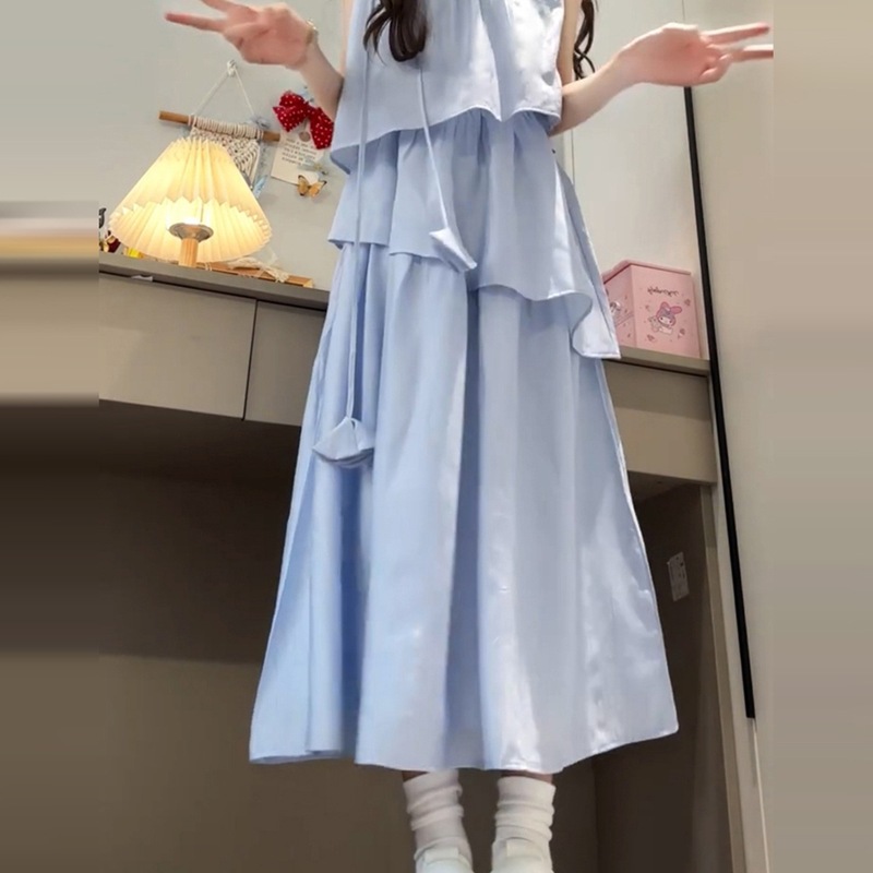 巨好看小个子蓝色连衣裙子女装夏季2025新款气质无袖长裙度假穿搭|undefined
