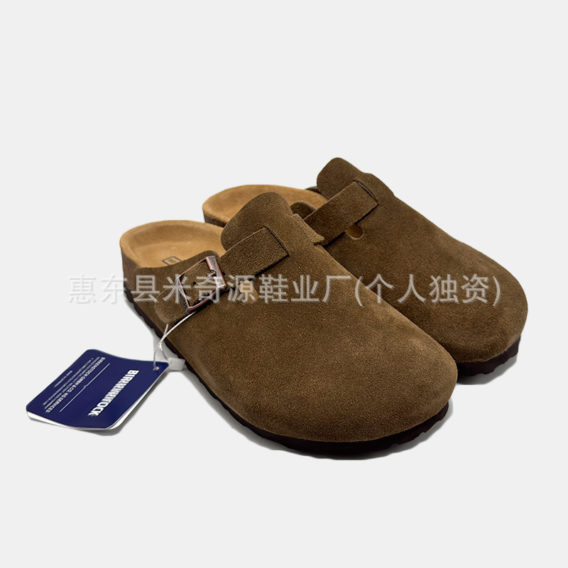 貿易直販 BK 第一層牛革ビルケンシュトックシューズ女性用 2025 新しいカップルスタイルスリッパコルク厚底包頭ハーフスリッパ|undefined
