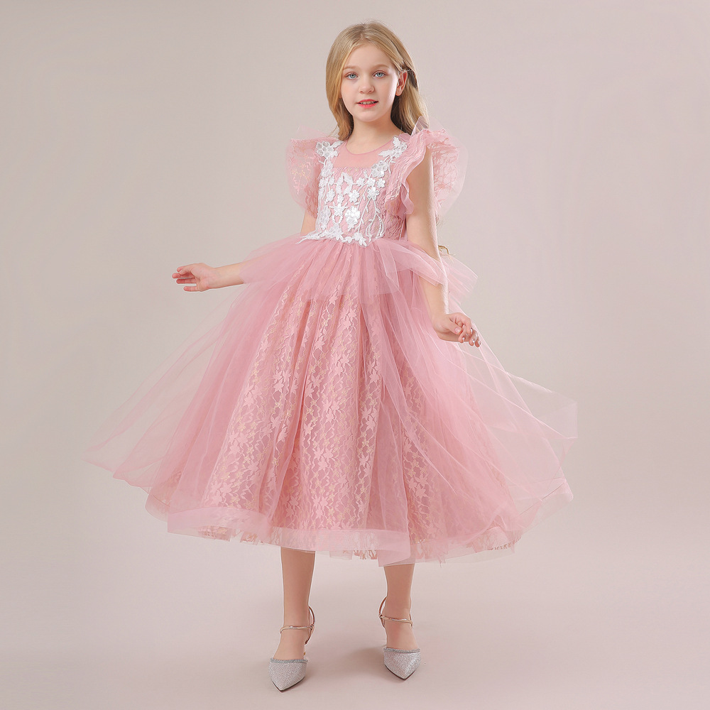 2024 europeo y americano nuevo vestido de las niñas vestido de princesa mullido mediano y grandes niños vestido de malla flor niña vestido de novia