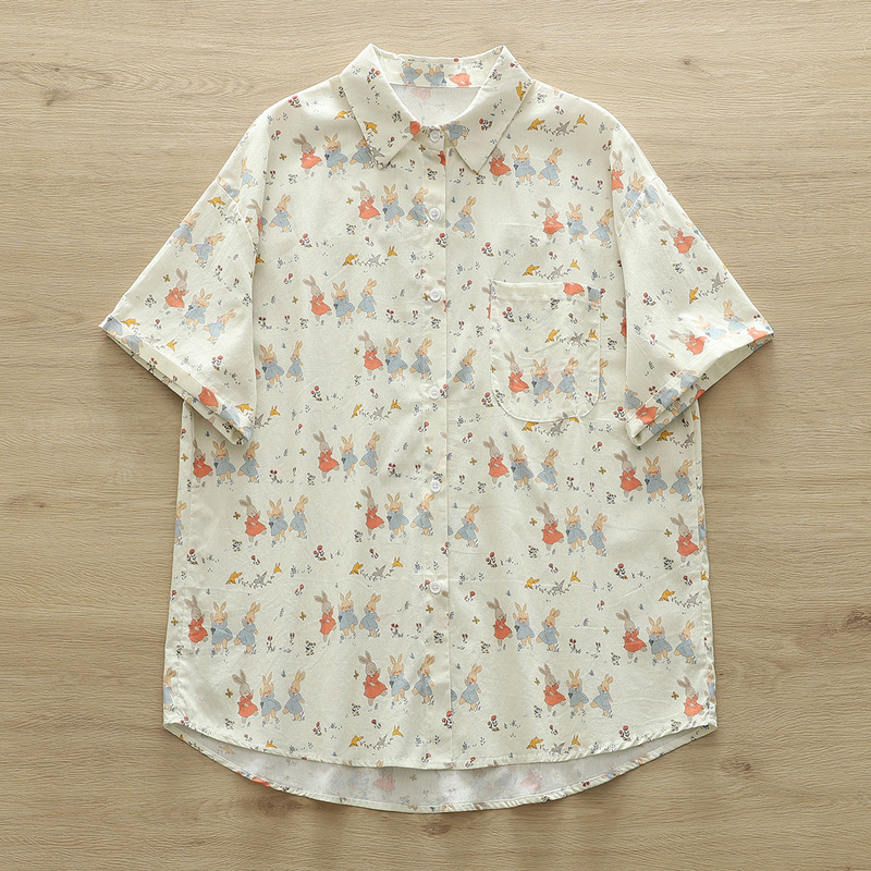 Japanese Mori Women's Summer Dress New Cartoon Graffiti Rabbit Print Loose Large Edition Women's Short-sleeved Shirt Wholesale Fashion