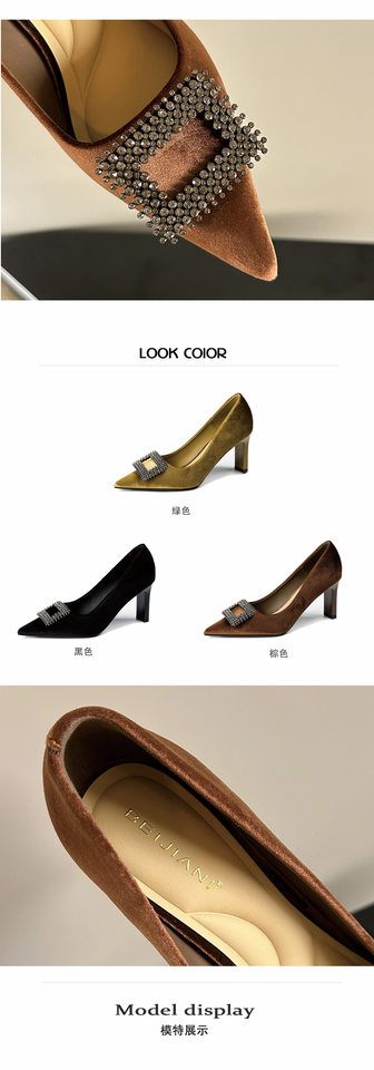 Giày cao gót nữ mũi nhọn gót vuông 6–8 cm da lộn mài nhám đính đá khóa vuông — Màu nâu, Xanh lá cây, màu đen chi tiết 5