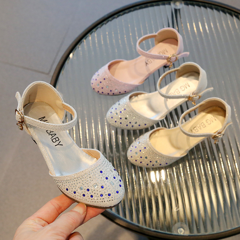 Rhinestone sequin girls high heels 2023 summer new little girl Roman fashion thick heeled sandals runway shoes_voghion.com