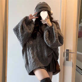 女学生秋冬韩版慵懒风外穿加厚V领宽松灰色冬季毛衣百搭针织衫潮
