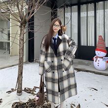 羊羔绒格子毛呢外套秋冬新款赫本韩系高级长款加厚双面穿呢子大衣