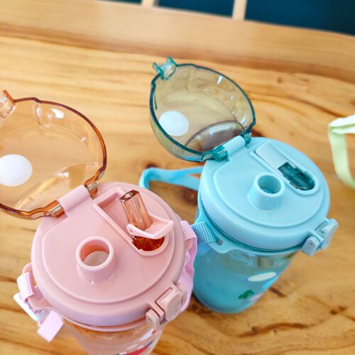 New children's double drinking spout water cup portable strap cup with lock outdoor leisure water bottle fitness sports cup