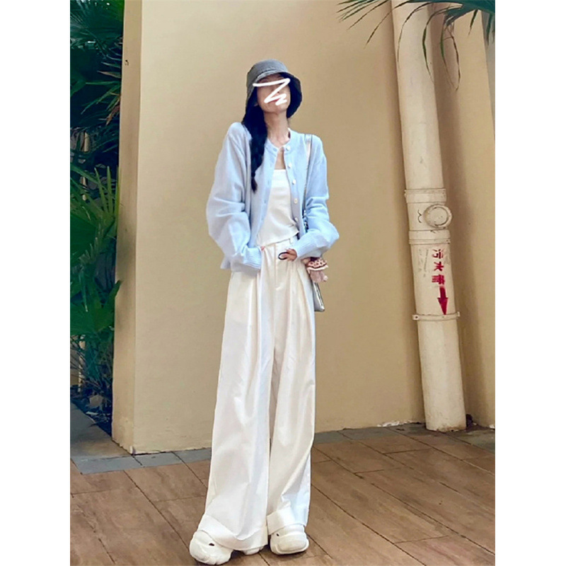早春季韩系穿搭减龄盐系温柔炸街奶乖蓝色针织开衫阔腿裤两件套装|undefined
