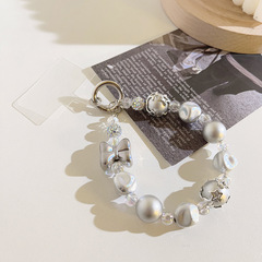 高級感銀色蝴蝶串珠鏈條短款掛件通用手機殼耳機套手機掛繩手腕式