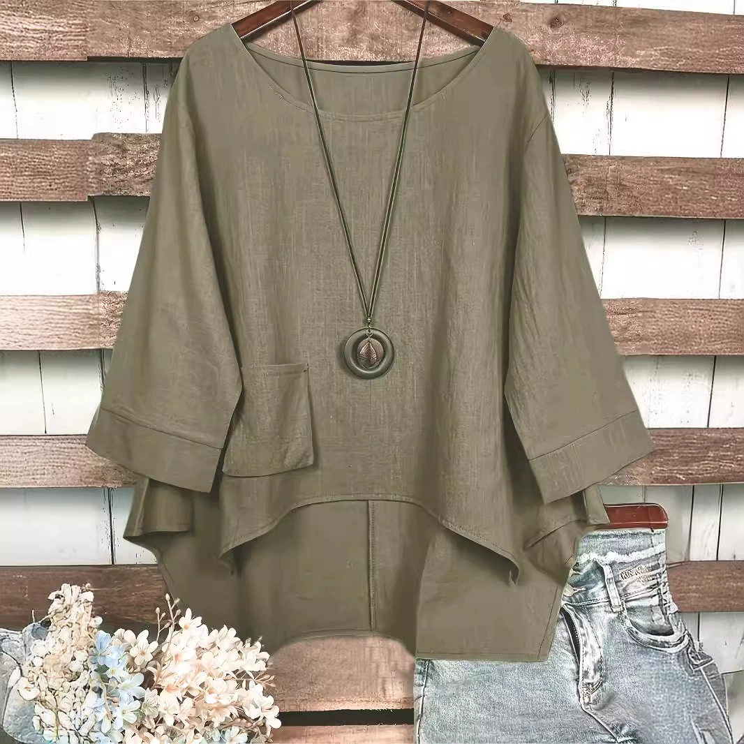 2023 сплошной топ асимметричный круглый вырез свободный повседневный топ с карманами