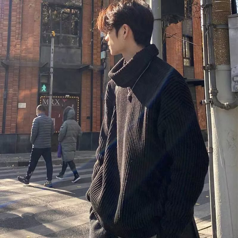 Half Turtleneck Sweater Men's Autumn and Winter Lazy High-end American Couple Knitted Sweater oversize Pure Black Wool