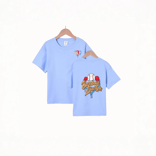 Summer Parent-Child Set 100% Cotton Children 220G Close Knit Slub Spun Small Drop Shoulder Baseball Print Versatile Style