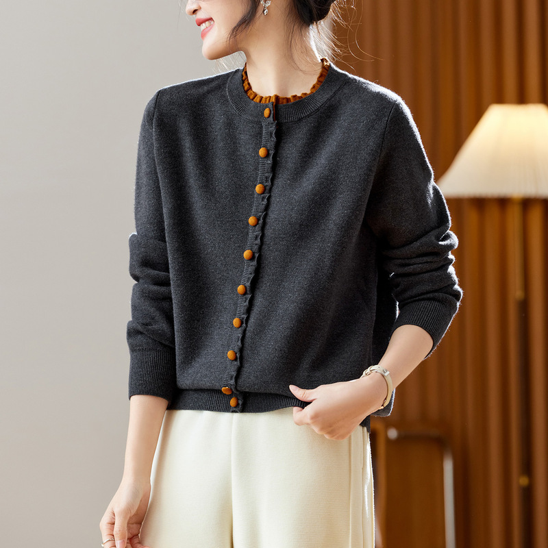 Cotton Cocoon Edge Color-Blocked Round Neck Knit Sweater for Women, Long Sleeve, 2026 Spring New Cardigan Sweater Coat