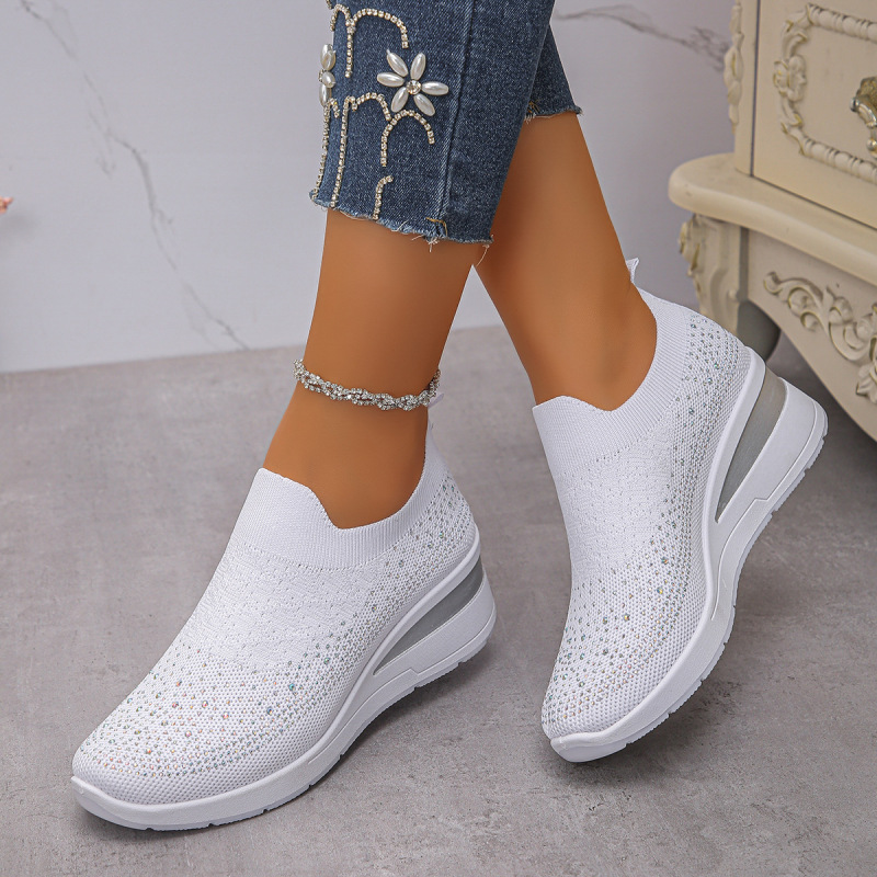 Amazon Foreign Trade Plus-Size Women's Shoes New Style Round-Toe Wedge Fashion Rhinestone Sports Casual Slip-On Shoes in Stock