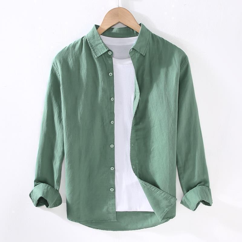 Men's Linen Long Sleeve Shirt Linen Men's Japanese Casual Loose Cotton Linen Shirt Spring and Summer Outer Wear Shirt
