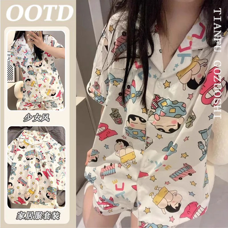 Cartoon Crayon Shin-Chan Pajamas Women's New Pure Cotton Summer Short-Sleeved Shorts Cute Student Home Clothes Suit Outer Wear