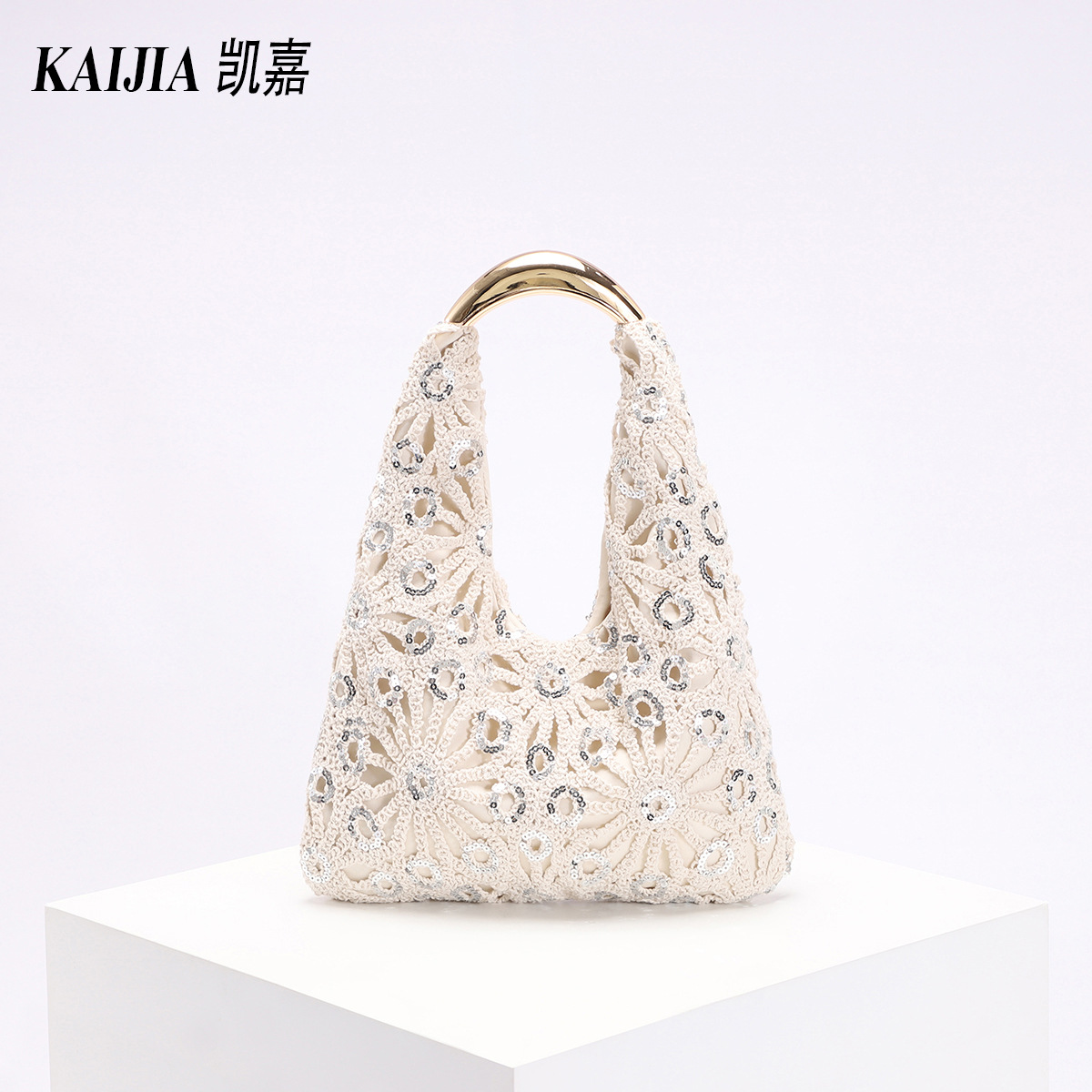 Cross-Border Women's New Sequin Hollow Crochet Bag Flower Pattern Vacation Style Crescent Handbag