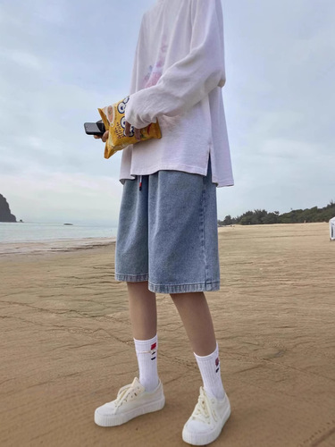 Men's Summer Korean Style Hip-Hop Denim Shorts, Loose Straight Leg Wide Pants