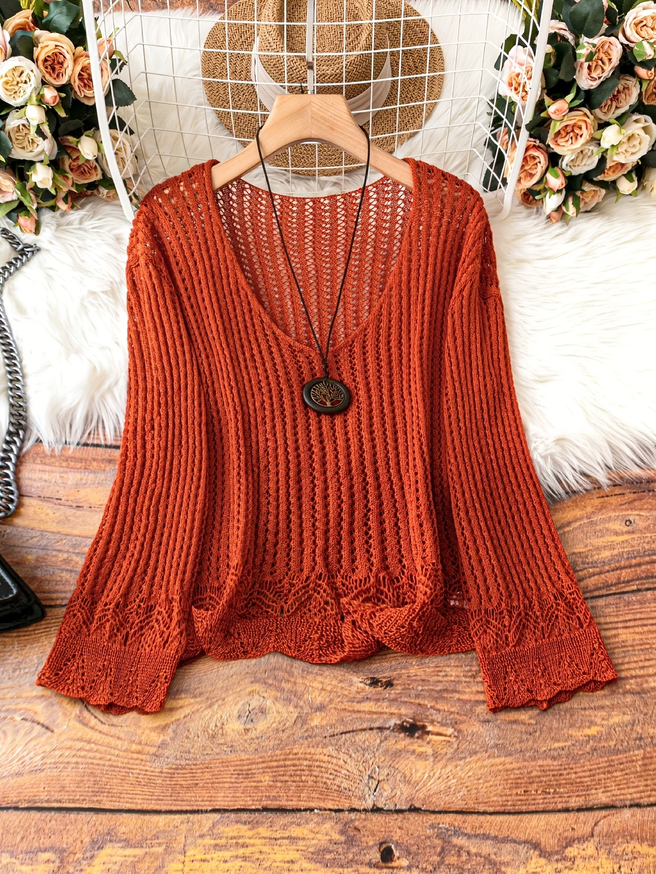 [Women'S Boho Chic Brown Knit Cardigan with Large Buttons跨境]