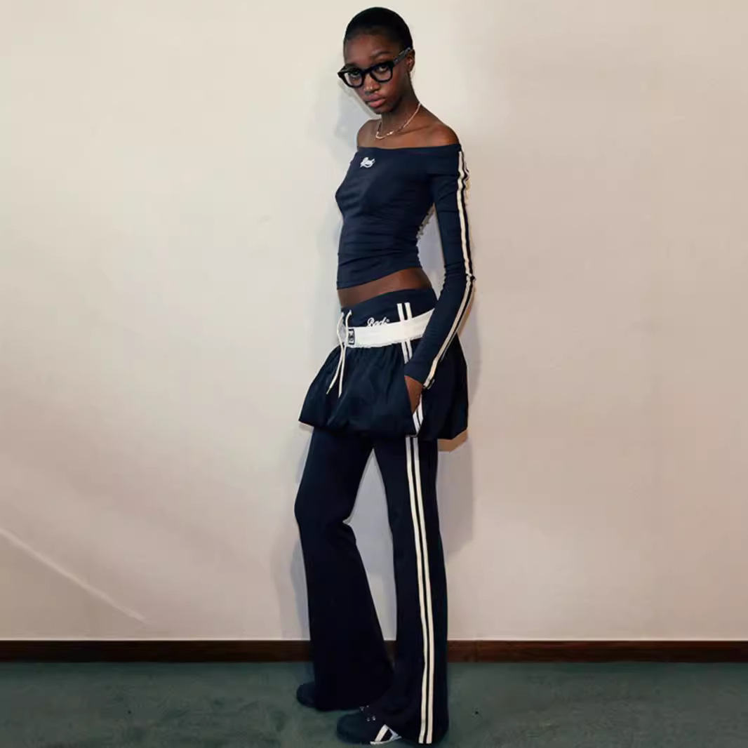 바드 블러드 핫 소녀 섹시한 한국 자수 사이드 바지 스포츠 플래 팬츠 슬림 핏 피규어 바지 가을