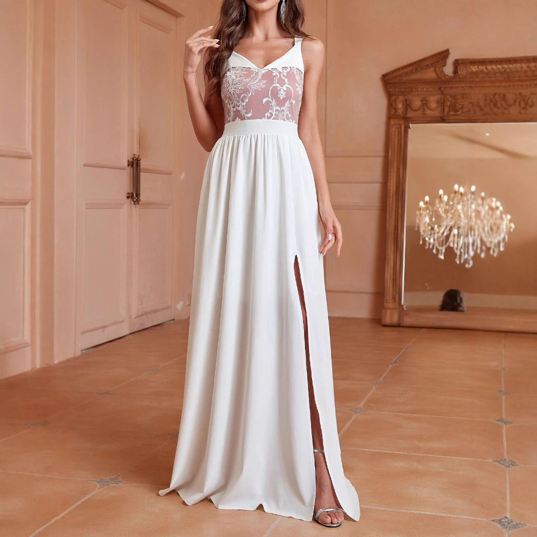 European and American Cross-Border Suspender V Neck Elegant Slim Long Slit Backless Women's Long Prom Dress