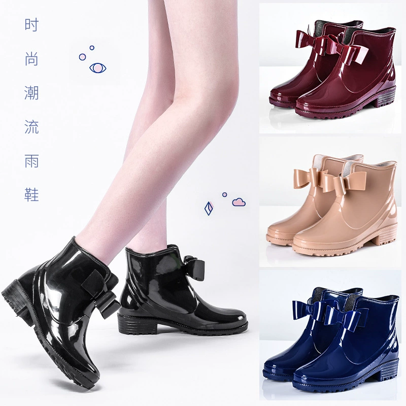 Женские резиновые сапоги с короткой трубкой для погони за звездами, непромокаемые Нескользящие студенческие резиновые сапоги на плоской подошве, универсальная Водная обувь с пластиковым бантом