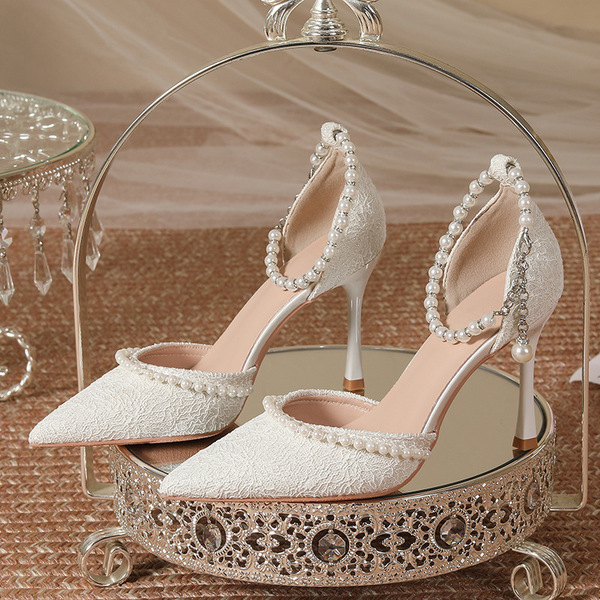 Lace high heels with a strap