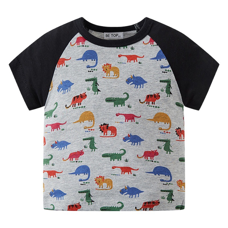 2025 nueva ropa infantil de cuello redondo con estampado completo de dibujos animados de dinosaurios, manga para niños, verano, algodón puro, delgado, de una pieza, envío directo.