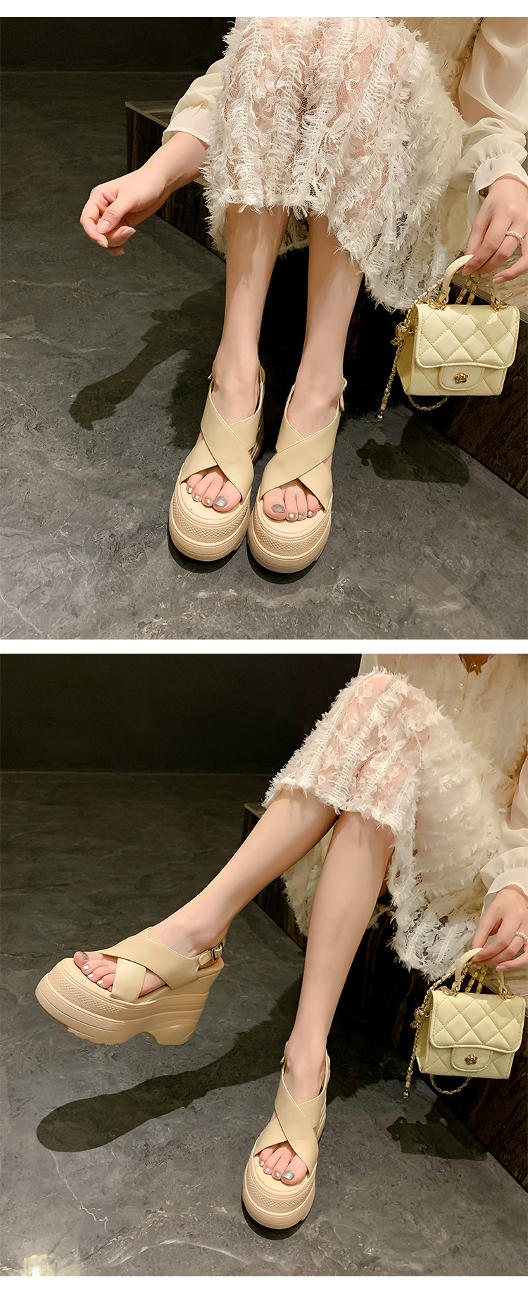 Sandal da bò hở mũi gót xuồng 14cm tăng chiều cao phong cách La Mã — Màu trắng, Màu mơ chi tiết 11