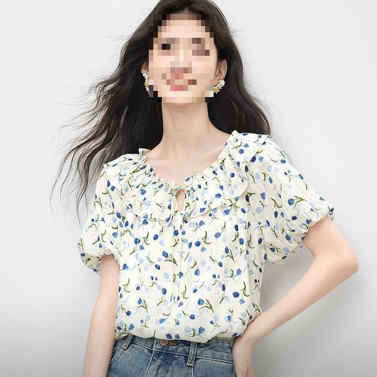 Floral print blouse with lining, puff sleeves, French-style ruffled collar, summer style, 2022/2026, new and fresh summer top.