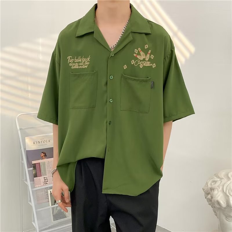 Summer American style loose workwear short sleeve shirt men's national fashion brand Cuban collar bowling embroidered retro half sleeve shirt