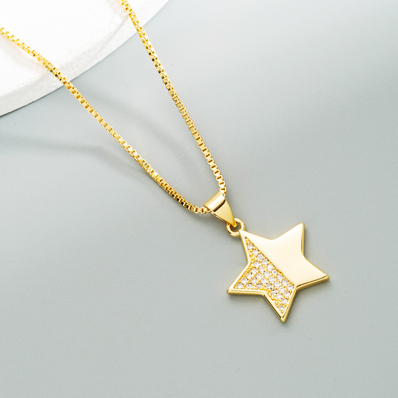 Korean geometric copper micro-inlaid half of pendant zircon necklace