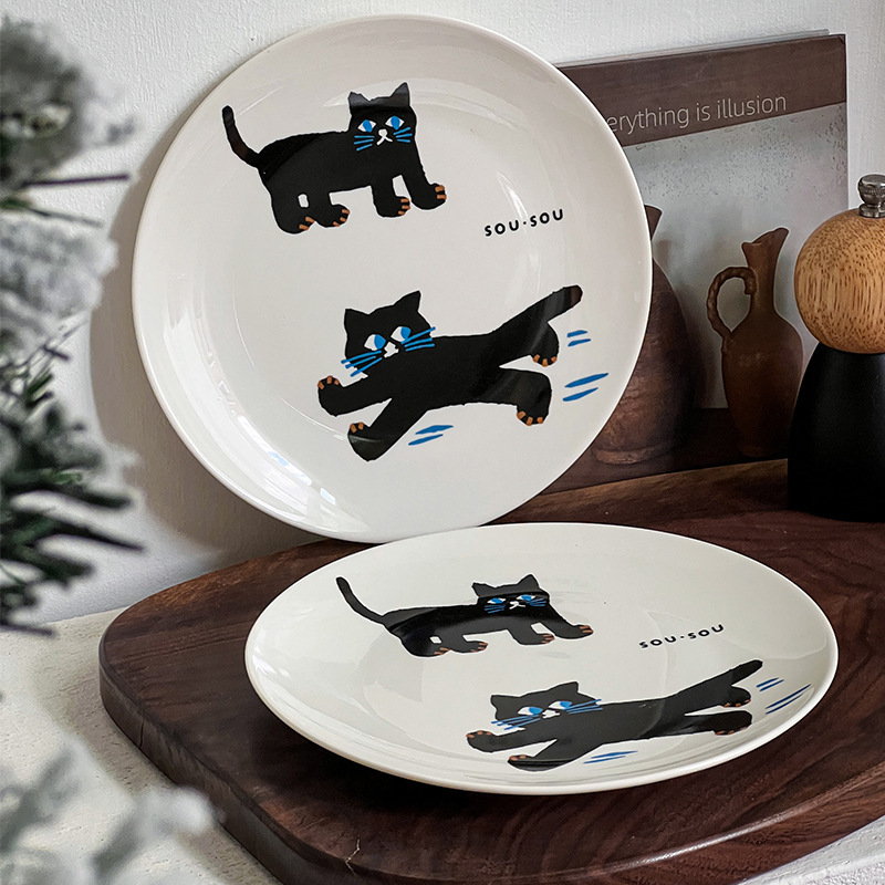 Export British Cute Cat 8 Inch Ceramic Dinner Plate Simple Cardic Plate Household Dessert Cake Breakfast Plate