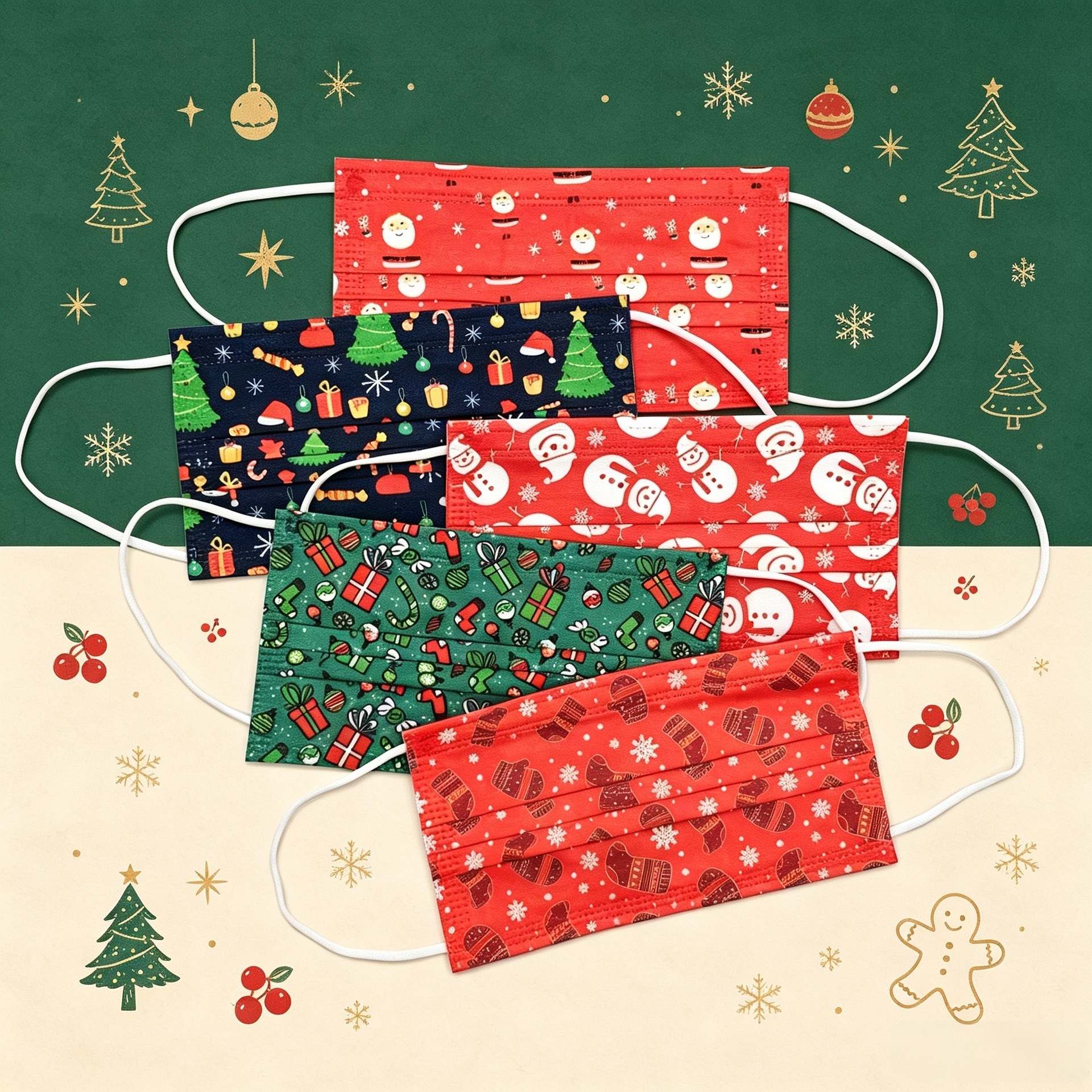 New Flat Christmas 50-Pack Snowman Gift Colorful Printed Factory Export Surplus Disposable Adult Masks