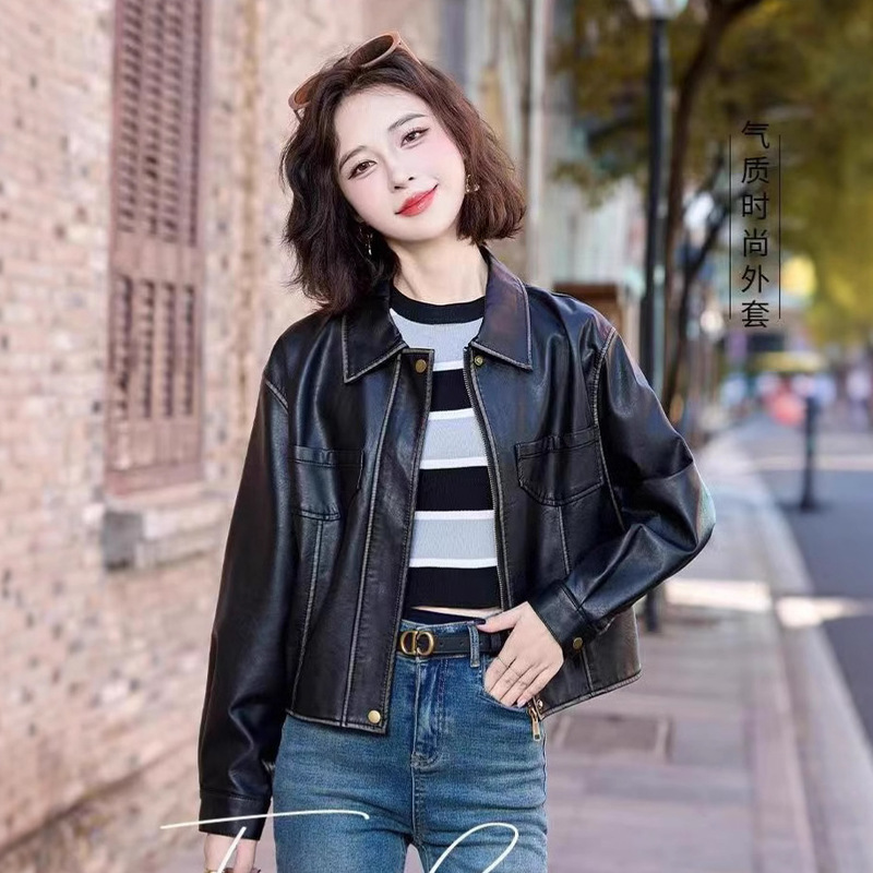 All-Net Low Price Spring and Autumn Leather Clothing Simple Atmospheric High-Level Hong Kong Style Retro Biker Clothing Leather Jacket Coat Women's Clothing All-Net Low Price Spring and Autumn Leather Clothing Simple Atmospheric High-Level Hong Kong Style Retro Biker Clothing Leather Jacket Coat Women's Clothing