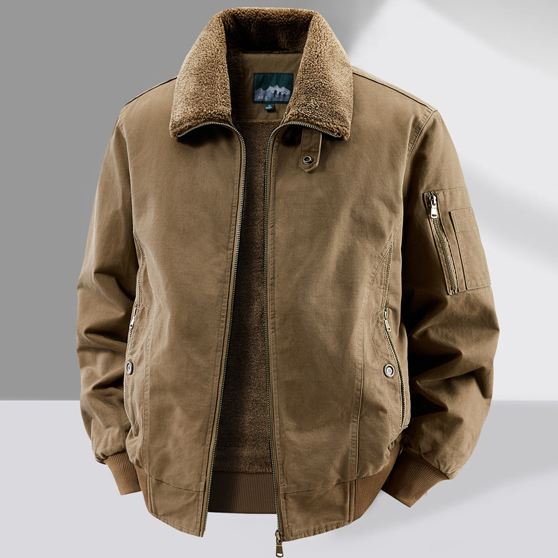 Chaqueta de piloto de la Fuerza Aérea de alta gama para hombres con terciopelo engrosado en invierno y algodón suelto para hombres con solapa de algodón de mediana edad