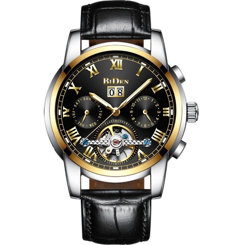 BIDEN reloj mecánico automático multifuncional para hombres hueco transparente volante cinturón de acero reloj de regalo 0190