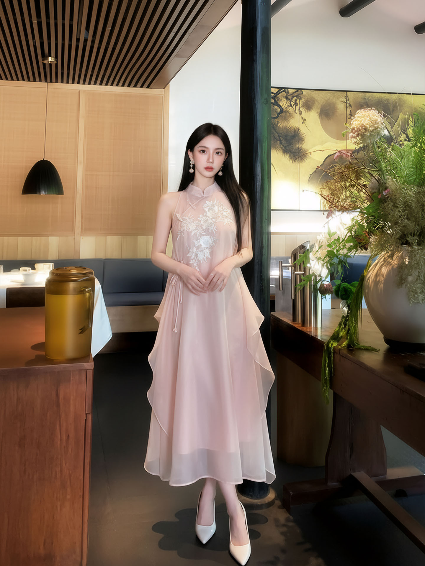 Đầm maxi thêu hoa phong cách Trung Hoa cổ điển, chất vải mỏng nhẹ mùa hè, tay lỡ, thắt eo — hồng
