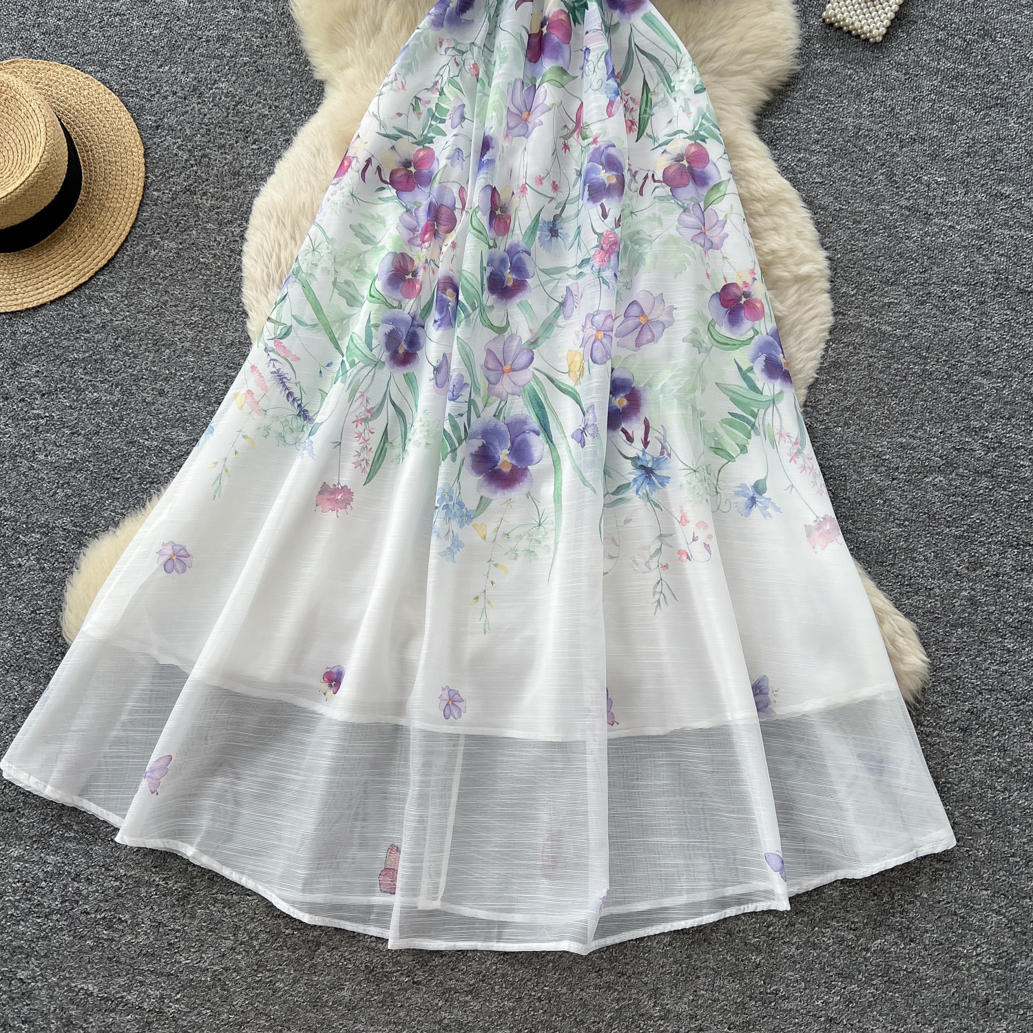 Women's French Romantic Floral Print Dress Summer Korean Style V Neck Tie Up Short Sleeve Waist Cinching A Line Long Skirt Elegant_ecoleips.com