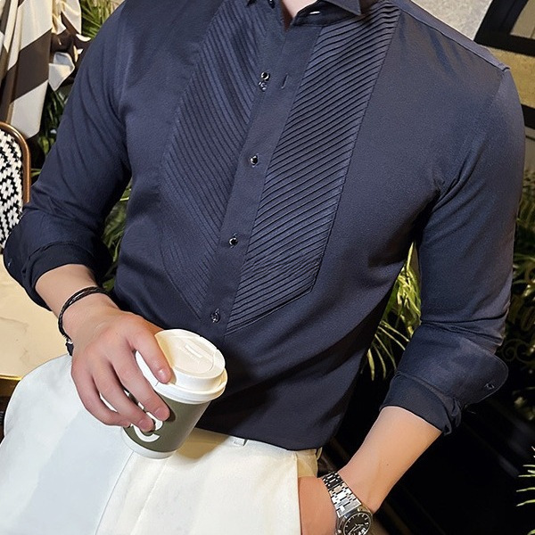 Trendy Men's Banquet Gentleman Dress Shirt French Wing Collar Long-Sleeve Business Pleated Shirt Trendy Men's Banquet Gentleman Dress Shirt French Wing Collar Long-Sleeve Business Pleated Shirt