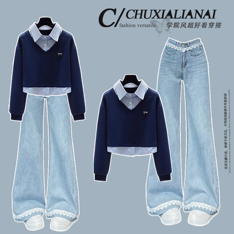 Fashion suit # Academy-style polo collar faux two-piece long-sleeve top paired with light-colored lace-trimmed flared jeans Fashion suit # Academy-style polo collar faux two-piece long-sleeve top paired with light-colored lace-trimmed flared jeans