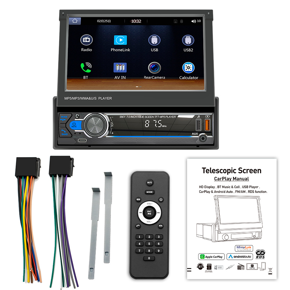 7 pulgadas monohusillo pantalla telescópica coche MP5 revertir imagen Bluetooth manos libres radio inalámbrico carplay