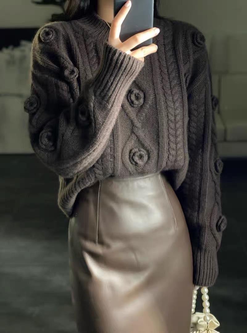 [Kasjmir Arisocraic Family] Fried Dough Twiss-genser med rund hals og blomsterprint, damegenser med løs bomullskrage_voghion.com